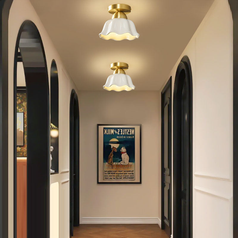 Contemporary Scandinavian Copper Ceramic Flower 1-Light Semi-Flush Mount Ceiling Light For Hallway