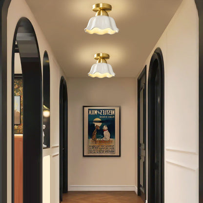 Contemporary Scandinavian Copper Ceramic Flower 1-Light Semi-Flush Mount Ceiling Light For Hallway