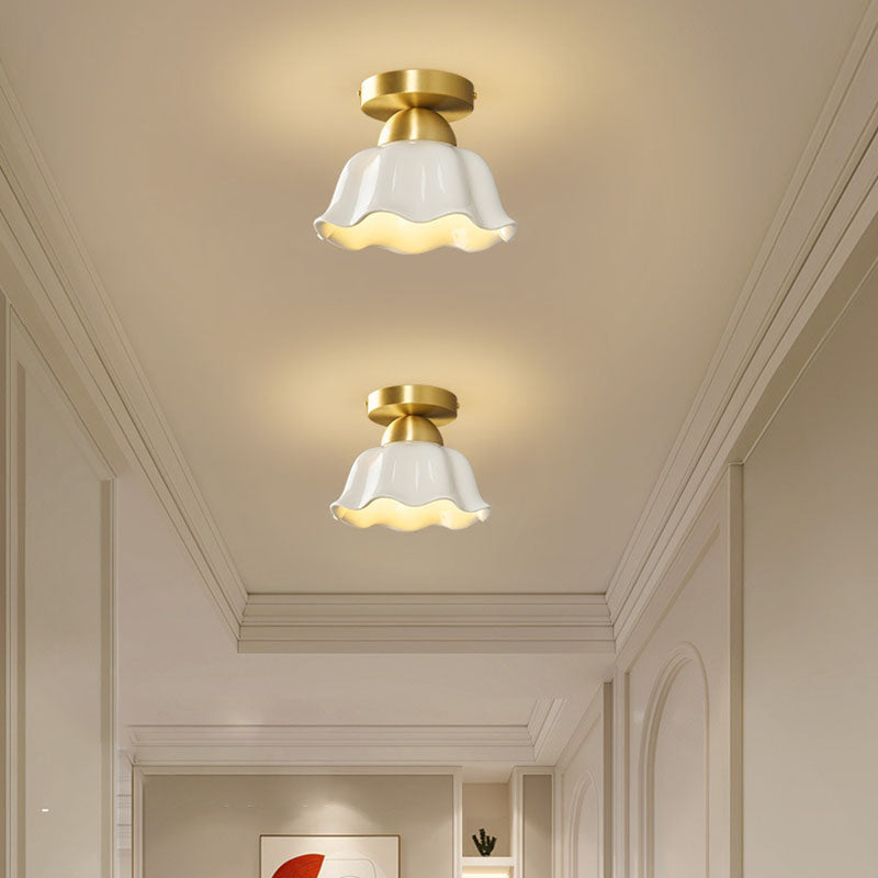 Contemporary Scandinavian Copper Ceramic Flower 1-Light Semi-Flush Mount Ceiling Light For Hallway