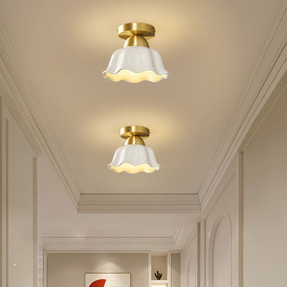 Contemporary Scandinavian Copper Ceramic Flower 1-Light Semi-Flush Mount Ceiling Light For Hallway