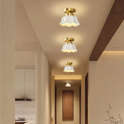 Contemporary Scandinavian Copper Ceramic Flower 1-Light Semi-Flush Mount Ceiling Light For Hallway