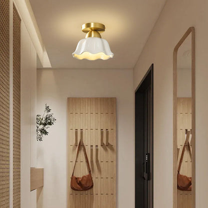 Contemporary Scandinavian Copper Ceramic Flower 1-Light Semi-Flush Mount Ceiling Light For Hallway