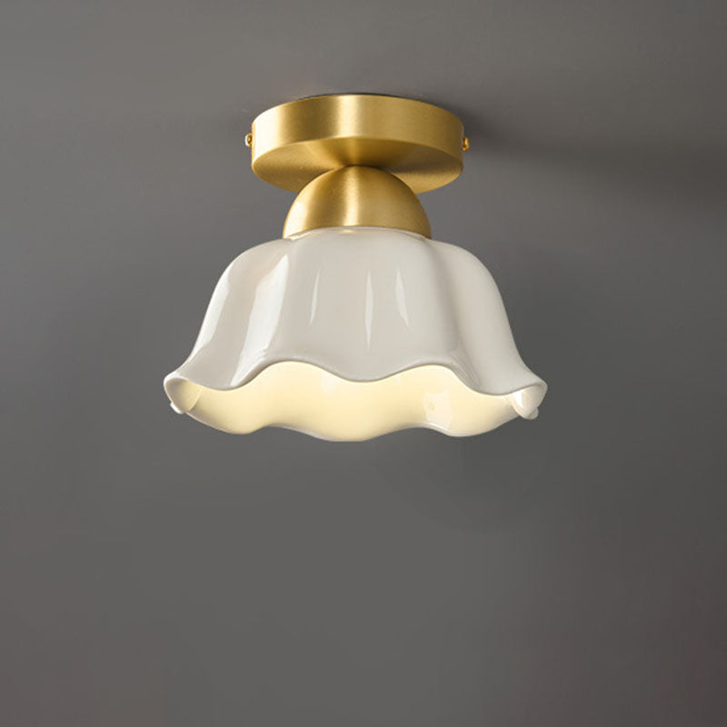 Contemporary Scandinavian Copper Ceramic Flower 1-Light Semi-Flush Mount Ceiling Light For Hallway
