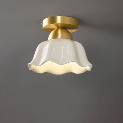 Contemporary Scandinavian Copper Ceramic Flower 1-Light Semi-Flush Mount Ceiling Light For Hallway