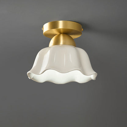 Contemporary Scandinavian Copper Ceramic Flower 1-Light Semi-Flush Mount Ceiling Light For Hallway