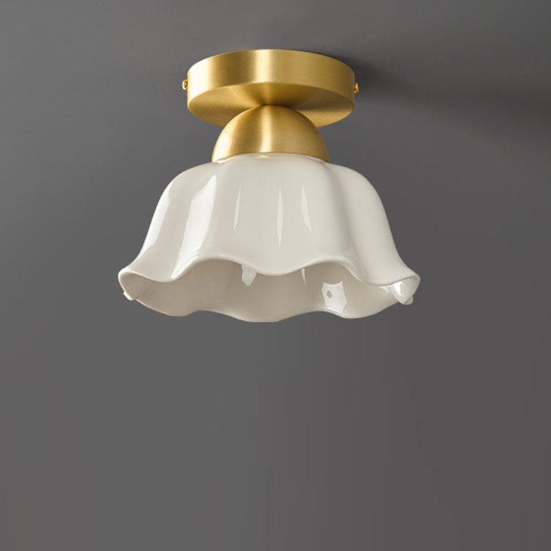 Contemporary Scandinavian Copper Ceramic Flower 1-Light Semi-Flush Mount Ceiling Light For Hallway