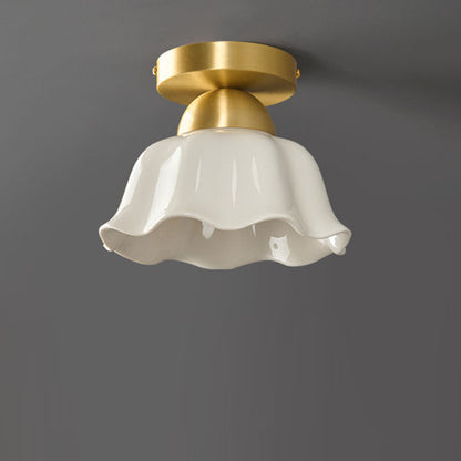 Contemporary Scandinavian Copper Ceramic Flower 1-Light Semi-Flush Mount Ceiling Light For Hallway