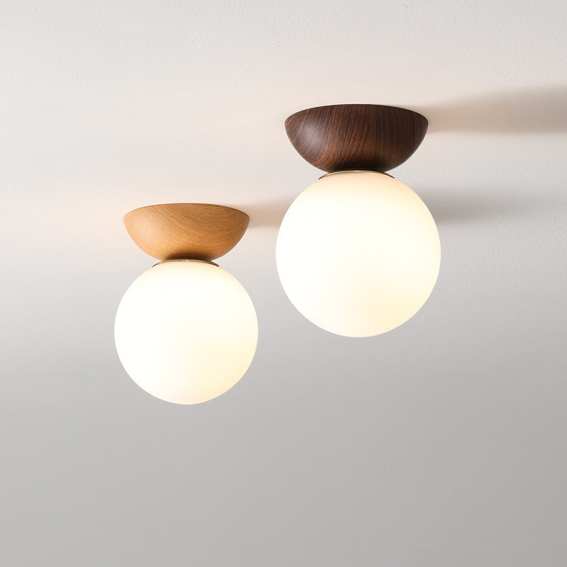 Traditional Japanese Iron Glass Round 1-Light Semi-Flush Mount Ceiling Light For Hallway