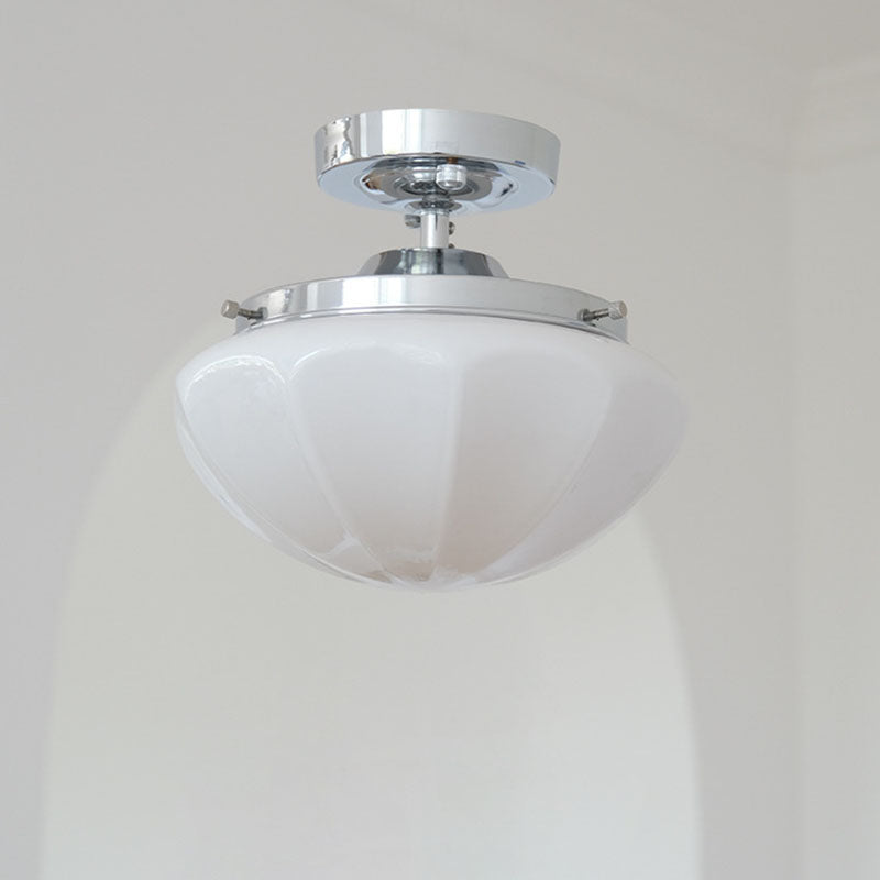 Traditional Vintage Iron Glass Cream Round 1-Light Semi-Flush Mount Ceiling Light For Hallway