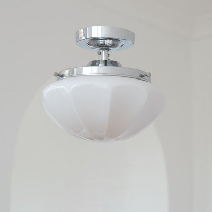 Traditional Vintage Iron Glass Cream Round 1-Light Semi-Flush Mount Ceiling Light For Hallway