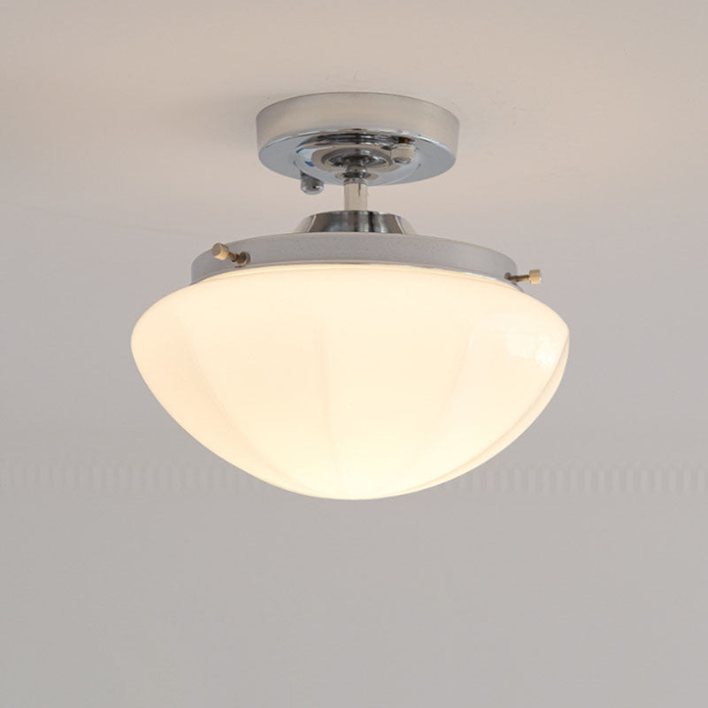 Traditional Vintage Iron Glass Cream Round 1-Light Semi-Flush Mount Ceiling Light For Hallway