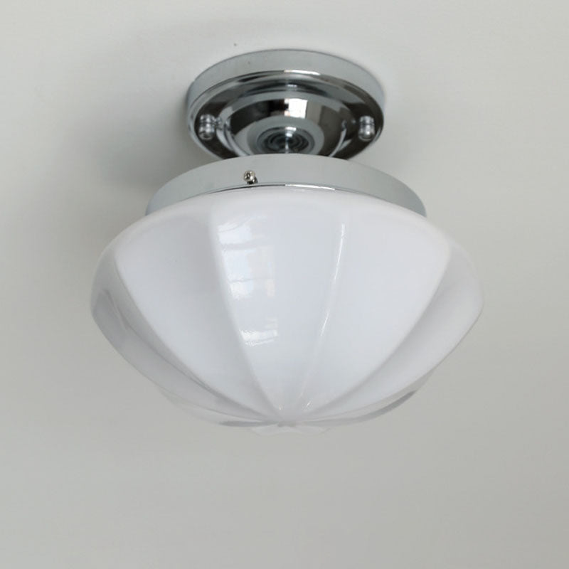 Traditional Vintage Iron Glass Cream Round 1-Light Semi-Flush Mount Ceiling Light For Hallway