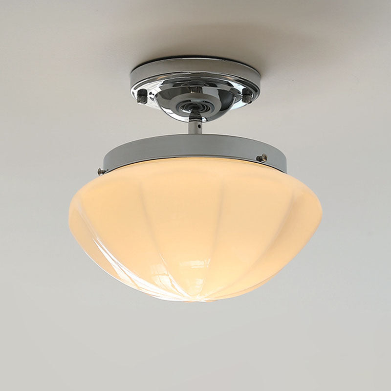 Traditional Vintage Iron Glass Cream Round 1-Light Semi-Flush Mount Ceiling Light For Hallway