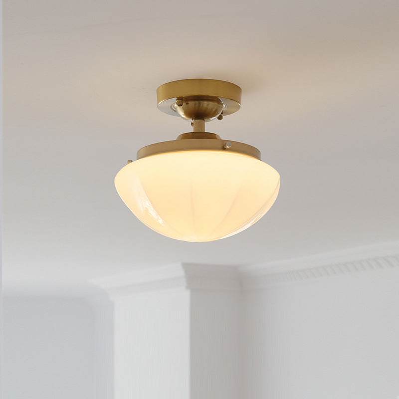 Traditional Vintage Iron Glass Cream Round 1-Light Semi-Flush Mount Ceiling Light For Hallway