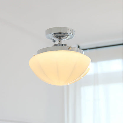 Traditional Vintage Iron Glass Cream Round 1-Light Semi-Flush Mount Ceiling Light For Hallway
