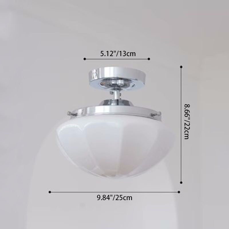 Traditional Vintage Iron Glass Cream Round 1-Light Semi-Flush Mount Ceiling Light For Hallway