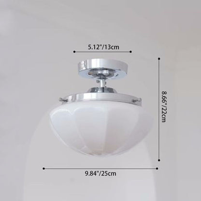 Traditional Vintage Iron Glass Cream Round 1-Light Semi-Flush Mount Ceiling Light For Hallway