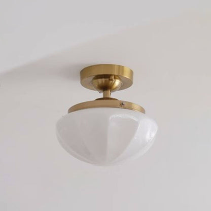 Traditional Vintage Iron Glass Cream Round 1-Light Semi-Flush Mount Ceiling Light For Hallway