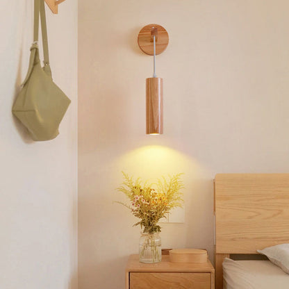 Modern Minimalist Oak Glass Cylinder LED Wall Sconce Lamp For Bedroom