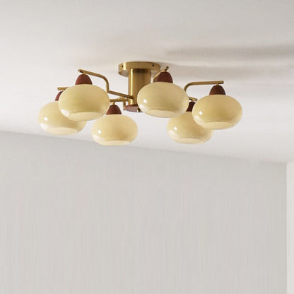 Traditional Vintage Iron Glass Wood Persimmon Round 3/6/8 Light Semi-Flush Mount Ceiling Light For Living Room