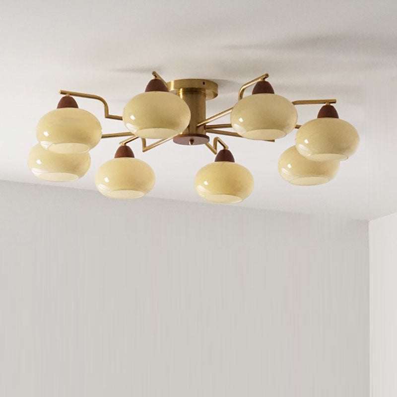 Traditional Vintage Iron Glass Wood Persimmon Round 3/6/8 Light Semi-Flush Mount Ceiling Light For Living Room