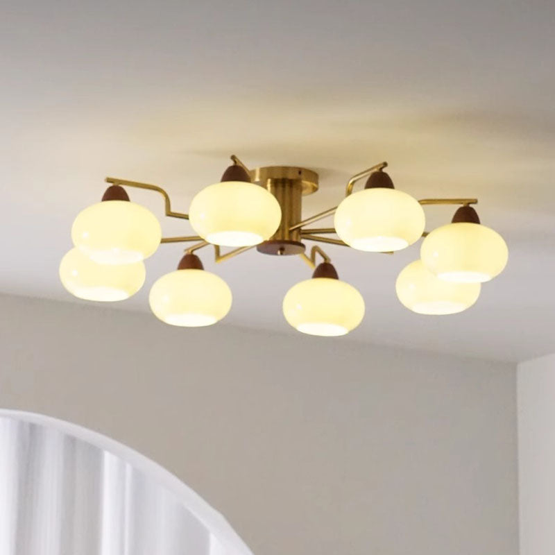 Traditional Vintage Iron Glass Wood Persimmon Round 3/6/8 Light Semi-Flush Mount Ceiling Light For Living Room