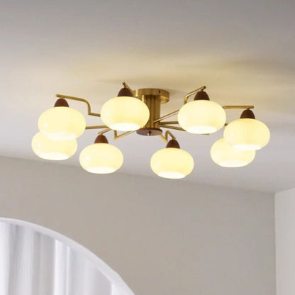Traditional Vintage Iron Glass Wood Persimmon Round 3/6/8 Light Semi-Flush Mount Ceiling Light For Living Room