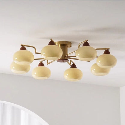 Traditional Vintage Iron Glass Wood Persimmon Round 3/6/8 Light Semi-Flush Mount Ceiling Light For Living Room