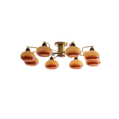 Traditional Vintage Iron Glass Wood Persimmon Round 3/6/8 Light Semi-Flush Mount Ceiling Light For Living Room
