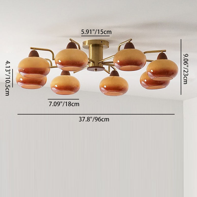 Traditional Vintage Iron Glass Wood Persimmon Round 3/6/8 Light Semi-Flush Mount Ceiling Light For Living Room