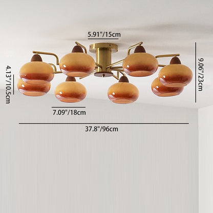 Traditional Vintage Iron Glass Wood Persimmon Round 3/6/8 Light Semi-Flush Mount Ceiling Light For Living Room