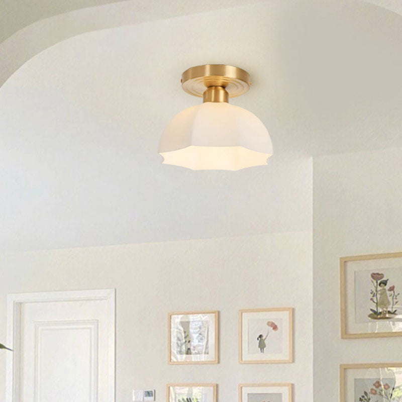 Contemporary Scandinavian Copper Iron Glass Umbrella Round 1-Light Semi-Flush Mount Ceiling Light For Hallway