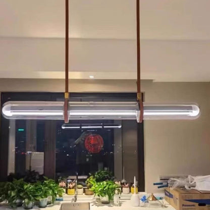 Modern Minimalist PU Leather Glass Linear  LED Island Light Chandelier For Dining Room