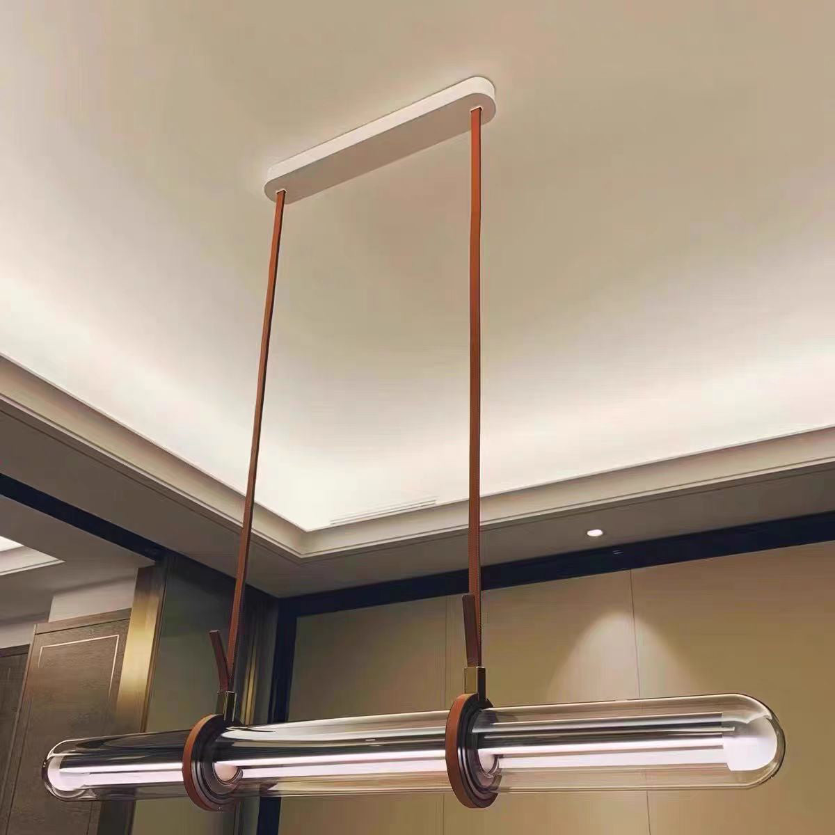 Modern Minimalist PU Leather Glass Linear  LED Island Light Chandelier For Dining Room