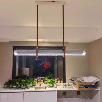 Modern Minimalist PU Leather Glass Linear  LED Island Light Chandelier For Dining Room