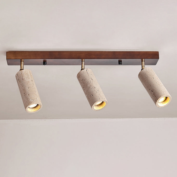 Contemporary Scandinavian Travertine Wood Iron Linear 3-Light Semi-Flush Mount Ceiling Light For Living Room