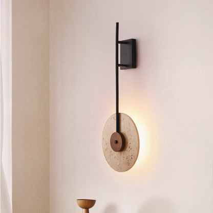 Traditional Japanese Walnut Travertine Iron Round LED Wall Sconce Lamp For Living Room