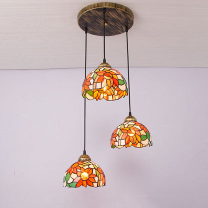 Traditional Tiffany Iron Glass Sunflower Round 3-Light Chandelier For Dining Room