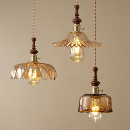 Traditional French Ash Wood Metal Glass Flower 1-Light Pendant Light For Bedroom
