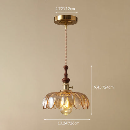 Traditional French Ash Wood Metal Glass Flower 1-Light Pendant Light For Bedroom