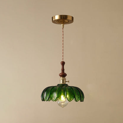 Traditional French Ash Wood Metal Glass Flower 1-Light Pendant Light For Bedroom