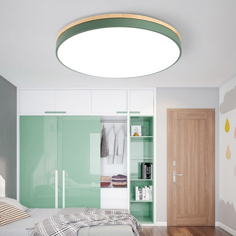 Modern Simplicity Round Wood Iron Acrylic LED Flush Mount Ceiling Light For Bedroom