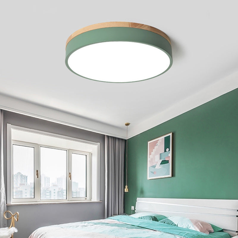 Modern Simplicity Round Wood Iron Acrylic LED Flush Mount Ceiling Light For Bedroom