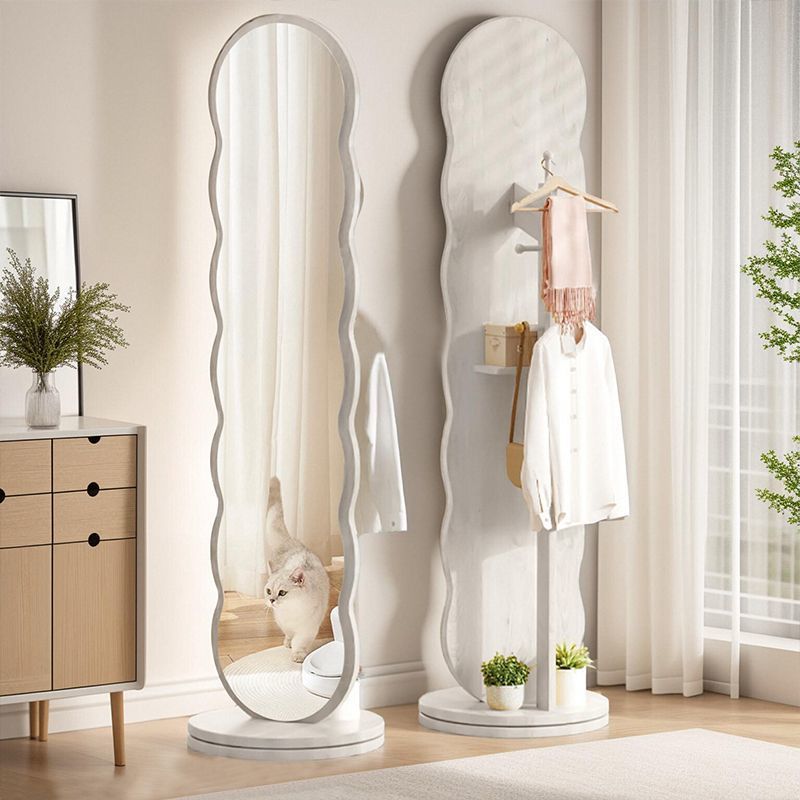 Modern Minimalist Oval Round Wavy Medium Density Fiberboard Glass Rotatable Full-Length Floor Mirror 2-Tier For Bedroom