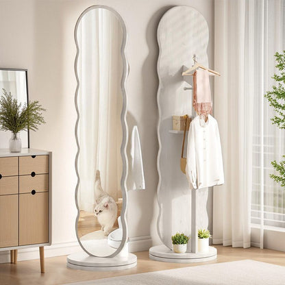 Modern Minimalist Oval Round Wavy Medium Density Fiberboard Glass Rotatable Full-Length Floor Mirror 2-Tier For Bedroom