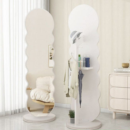Modern Minimalist Oval Round Wavy Medium Density Fiberboard Glass Rotatable Full-Length Floor Mirror 2-Tier For Bedroom