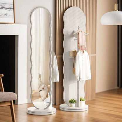 Modern Minimalist Oval Round Wavy Medium Density Fiberboard Glass Rotatable Full-Length Floor Mirror 2-Tier For Bedroom