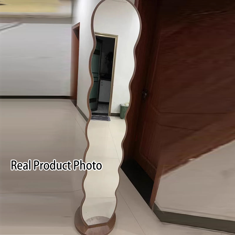 Modern Minimalist Oval Round Wavy Medium Density Fiberboard Glass Rotatable Full-Length Floor Mirror 2-Tier For Bedroom