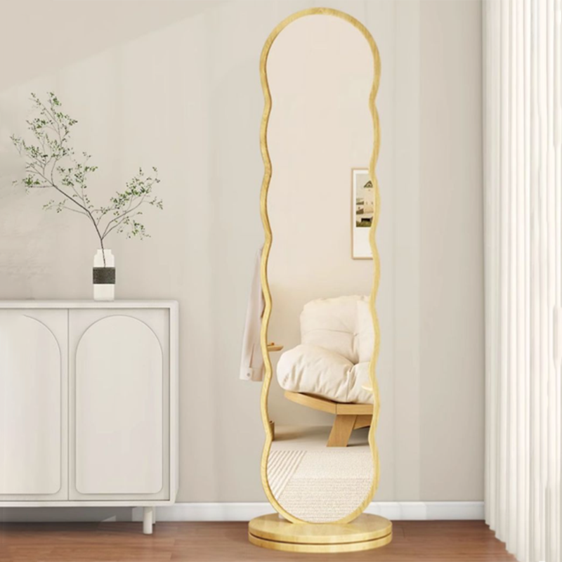 Modern Minimalist Oval Round Wavy Medium Density Fiberboard Glass Rotatable Full-Length Floor Mirror 2-Tier For Bedroom