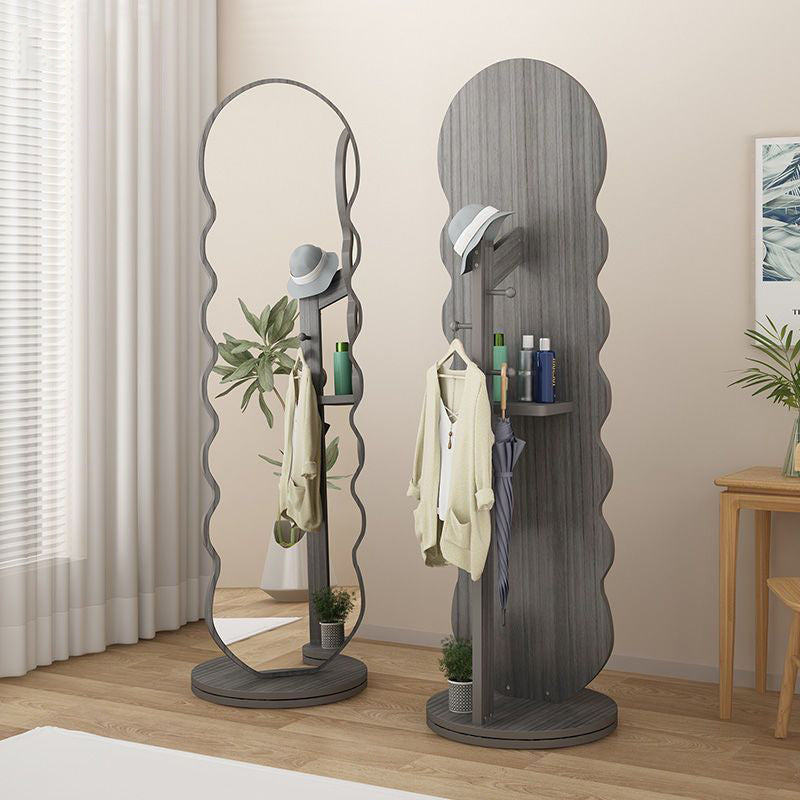 Modern Minimalist Oval Round Wavy Medium Density Fiberboard Glass Rotatable Full-Length Floor Mirror 2-Tier For Bedroom